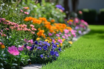 Obraz premium Beautiful flowerbed with colorful flowers blooming next to a perfectly mown green lawn in a garden during a sunny summer day
