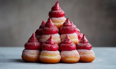 A majestic pyramid of sugary delights topped with a generous dollop of crimson frosting , donuts, red, desserts