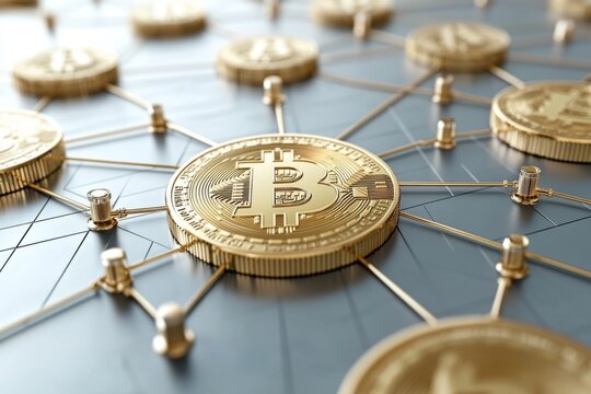 Gold bitcoin coins connecting together in a network grid, representing the decentralized and interconnected nature of cryptocurrency