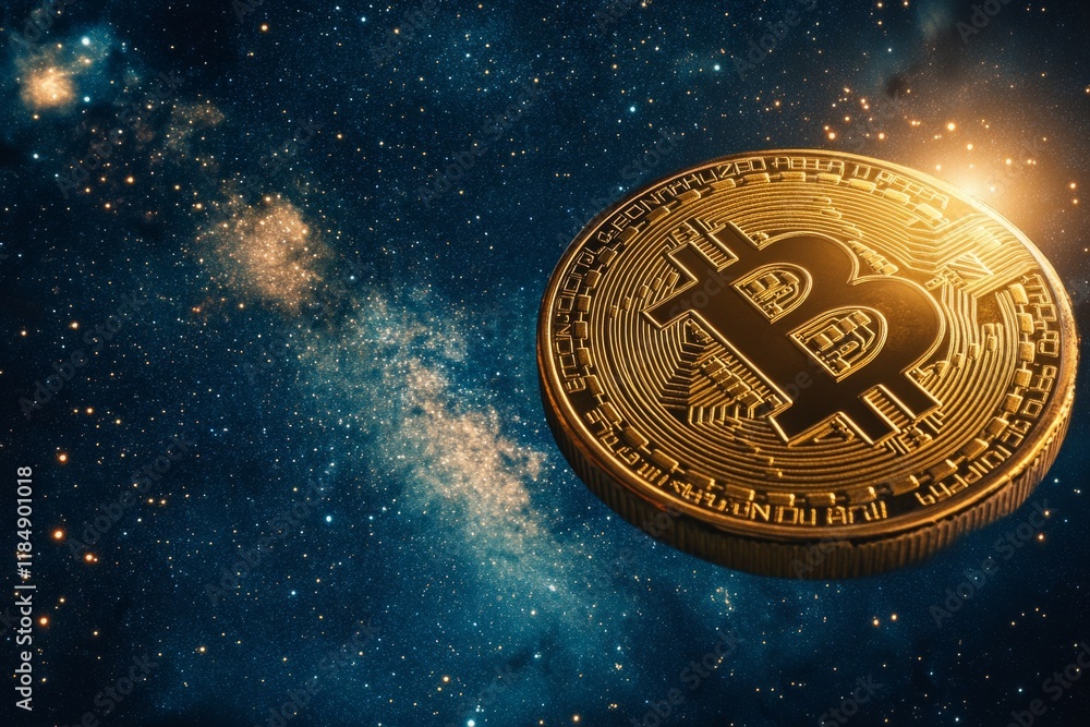 Aufkleber golden bitcoin floating in space representing cryptocurrency investment and blockchain technology