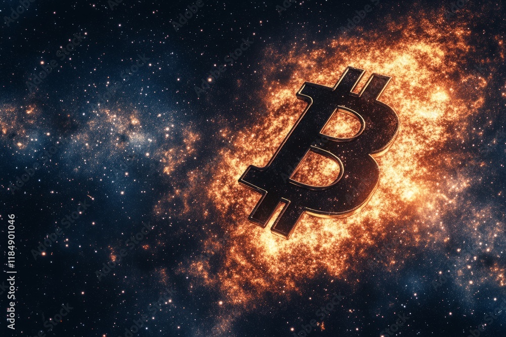 Poster bitcoin symbol burning in a fiery cosmic background representing the decentralized digital currency 