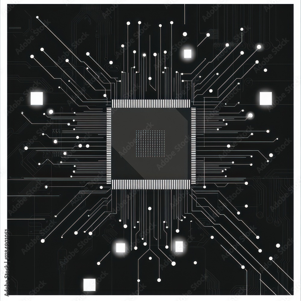 Poster abstract illustration of a microchip with intricate circuit designs on a black background.