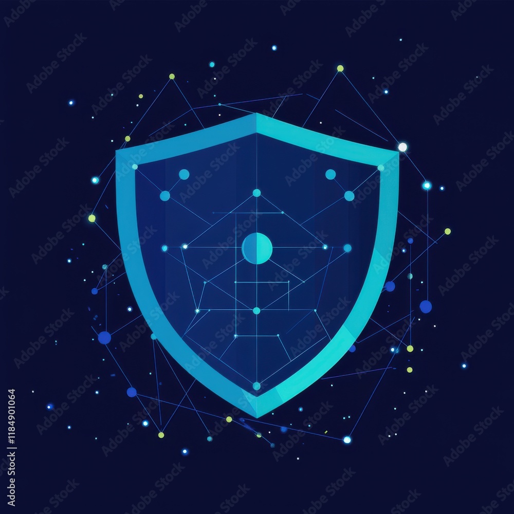 Poster a digital shield icon representing cybersecurity, surrounded by interconnected nodes and dots.