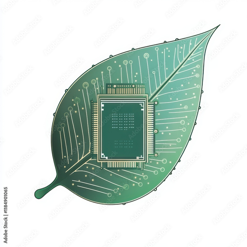 Poster a green leaf with a circuit board pattern symbolizing technology and nature integration.
