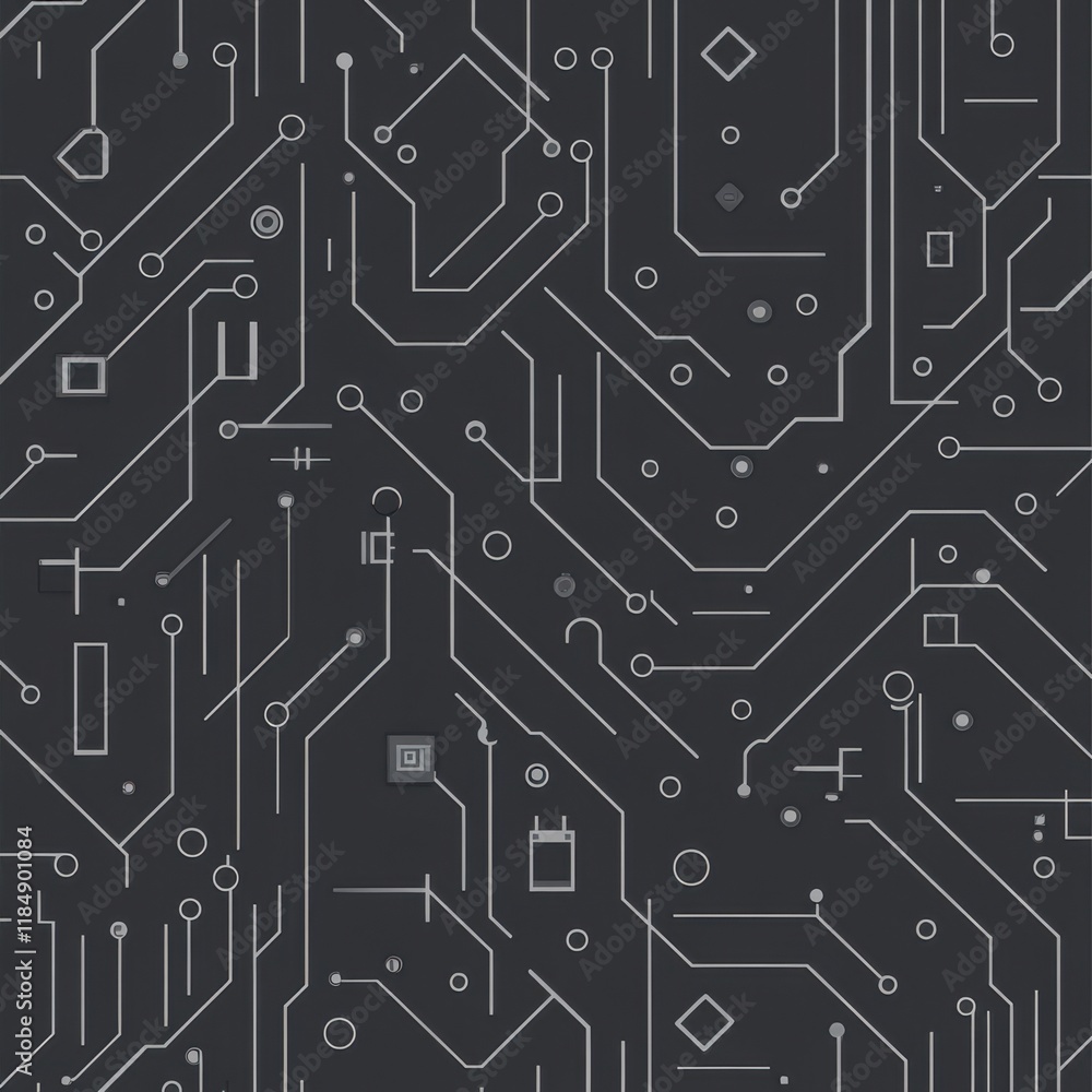 Poster abstract black circuit board design with intricate white lines and shapes, conveying technology and 