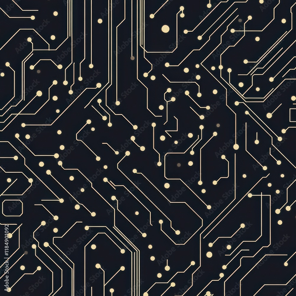 Poster abstract circuit board design featuring intricate lines and nodes on a dark background.