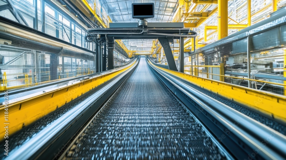 Aufkleber empty conveyor belt moving through an industrial factory plant with a monitor displaying information