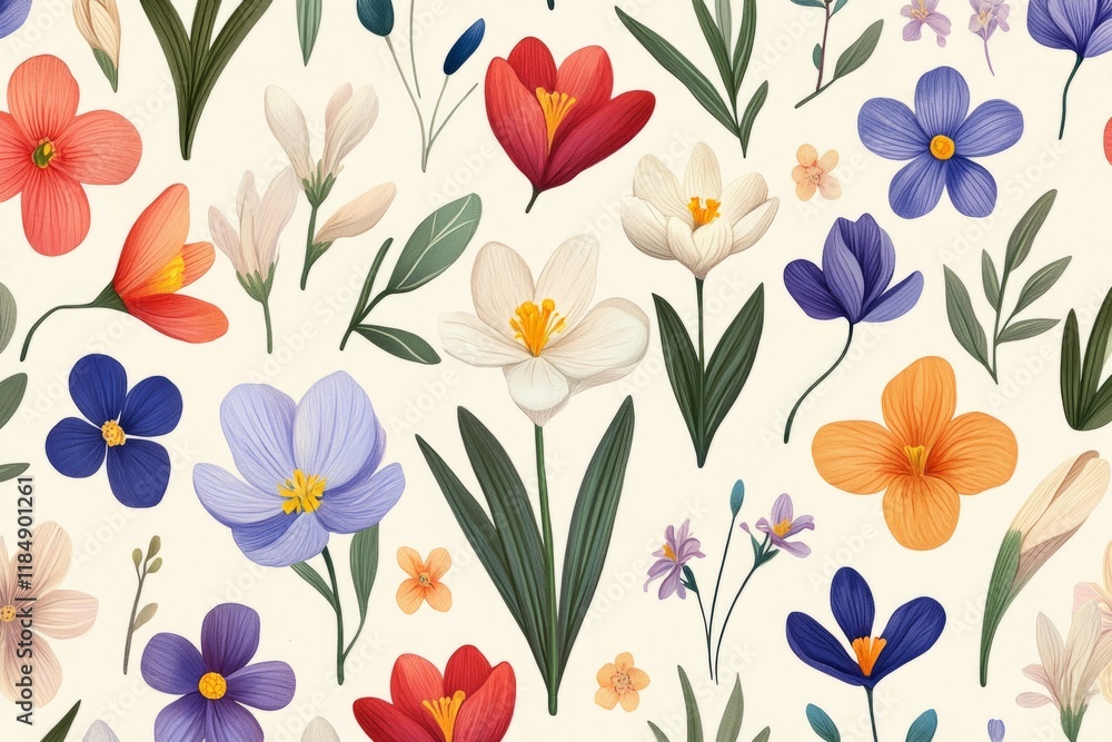 Poster seamless pattern with colorful spring flowers blooming, creating a vibrant and cheerful design