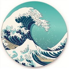 Vibrant blue waves crashing powerfully, reminiscent of traditional Japanese art, capturing nature's force.