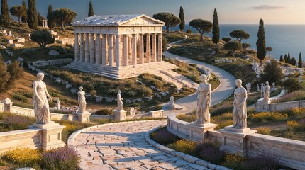 Obraz premium Ancient Roman ruins and statues lining a historic road, set against the backdrop of the sea