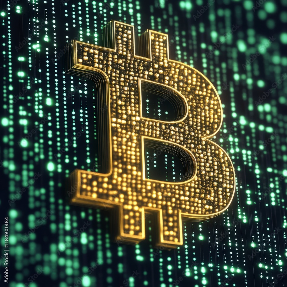 Poster golden bitcoin symbol made of small glowing cubes is shining over flowing data stream, representing 
