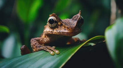 Obraz premium Close-up of a Horned Tree Frog on a Leaf in a Lush Rainforest