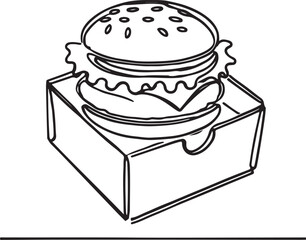Stylish Cheeseburger Line Art in Takeout Box - Vector