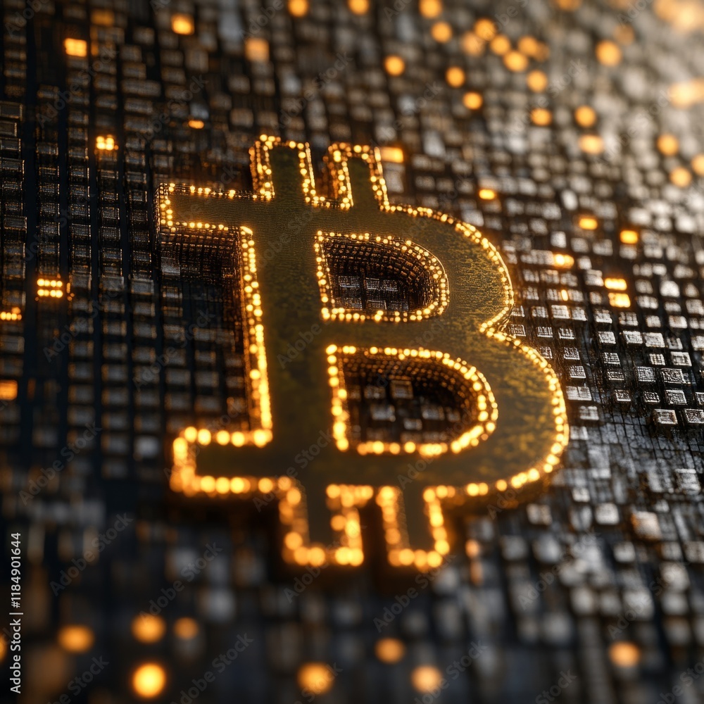 Aufkleber golden bitcoin symbol shining on a dark digital background, representing cryptocurrency and blockcha
