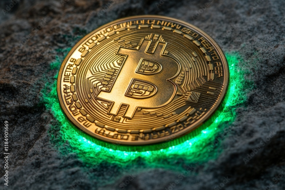 Poster bitcoin glowing green over a stone surface representing mining and cryptocurrency