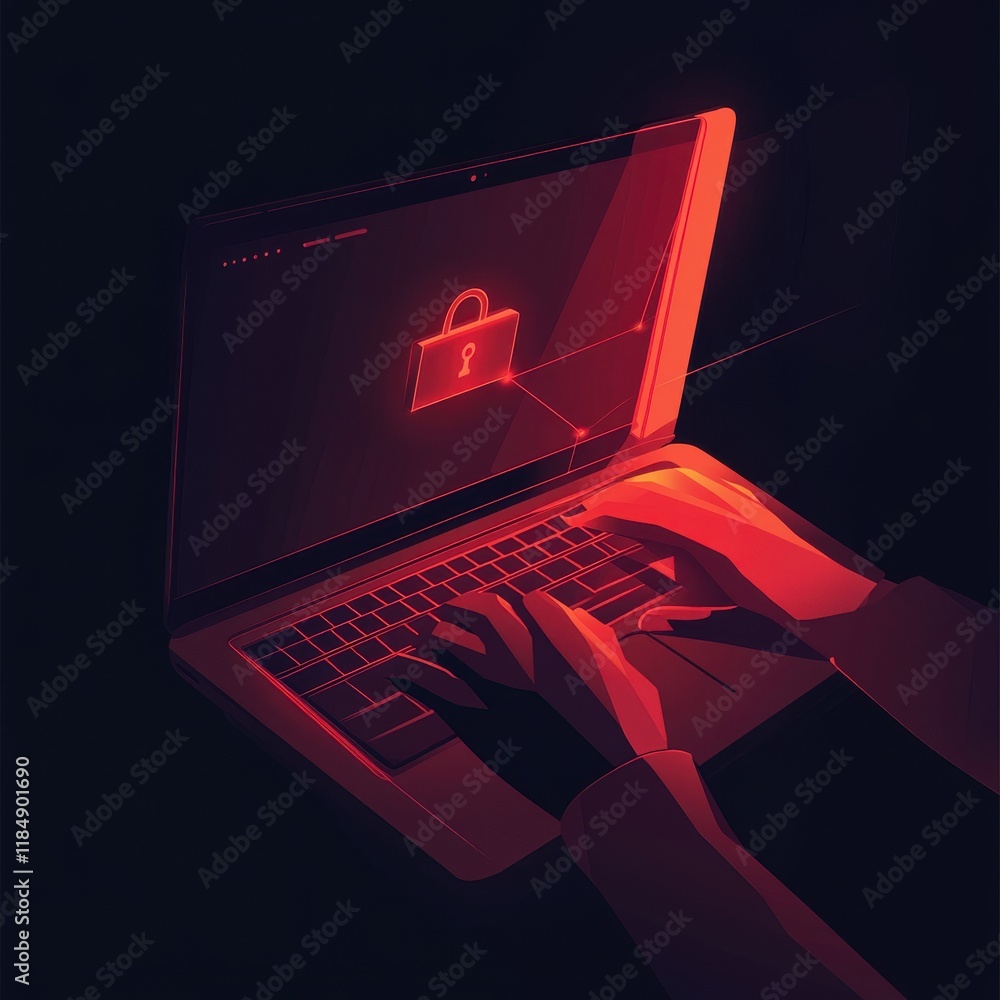 Poster a person using a laptop with a glowing lock symbol, creating a sense of cybersecurity and vigilance.