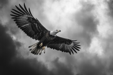 Obraz premium Bald eagle flying through cloudy sky with spread wings