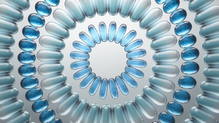 A circular arrangement of translucent capsules with blue liquid creates a striking visual pattern, evoking a sense of symmetry and health.
