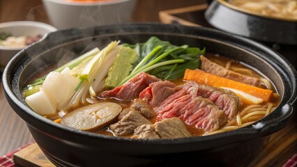 Indulgent sukiyaki hot pot featuring glistening meat and fresh vegetables