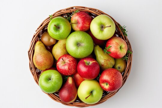 Wicker basket with fresh red apples, green apples, and yellow pears, top view on white background, minimalistic fruit composition, healthy eating and farm produce concept

