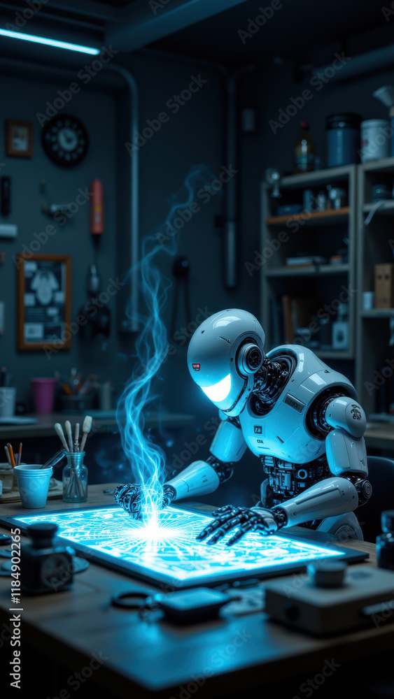 Poster futuristic robot conducting scientific experiments in laboratory.