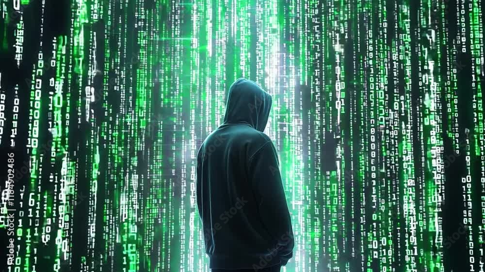 Poster a shadowy hacker person wearing a hood faces a cascade of glowing green binary symbols against a dar