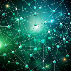 Abstract network graphic. teal circles connected by lines. dark teal background.