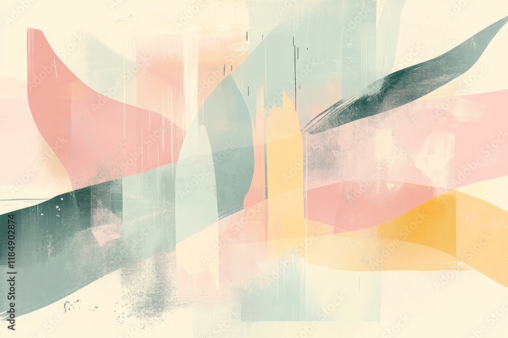 Poster soft pastel hues blend with dynamic brushstrokes and textured overlays in this abstract composition
