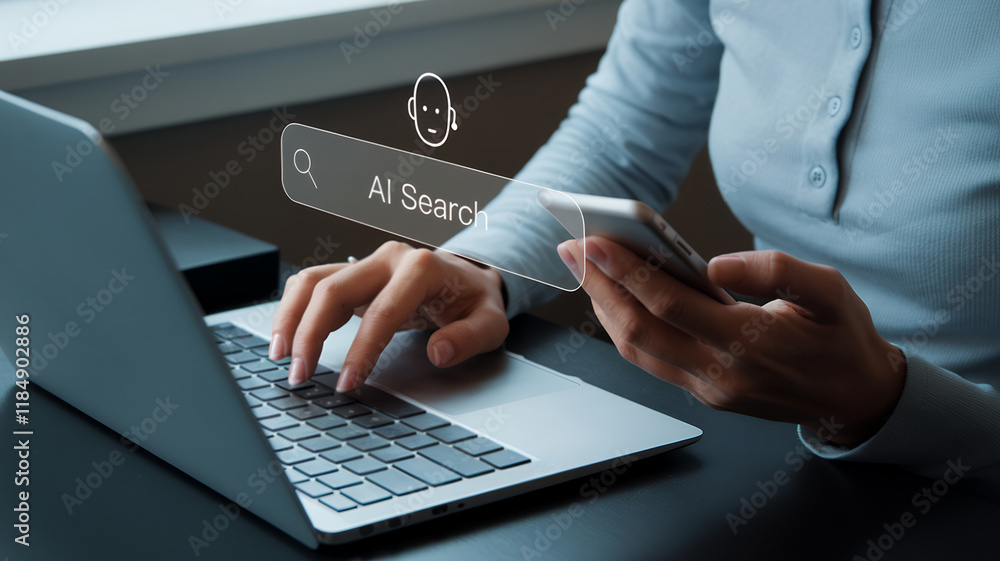 Poster Man Using Smartphone and Laptop to Access Advanced AI Search Technology for Optimizing Data Retrieval Efforts