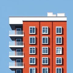 Naklejka premium A modern red brick apartment building with balconies against a clear blue sky.