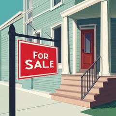 Naklejka premium Charming green house with red 'For Sale' sign, inviting potential buyers to explore its features.