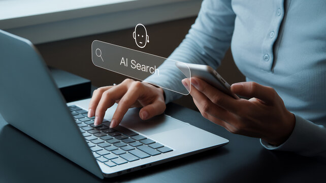 Man Using Smartphone and Laptop to Access Advanced AI Search Technology for Optimizing Data Retrieval Efforts