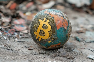 Decaying globe with bitcoin logo lying in rubble symbolizing cryptocurrency market crash and global financial crisis
