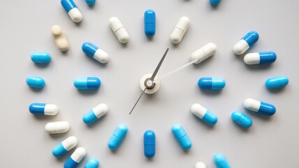 Colorful capsules arranged around a clock, symbolizing the importance of medication timing and health management.