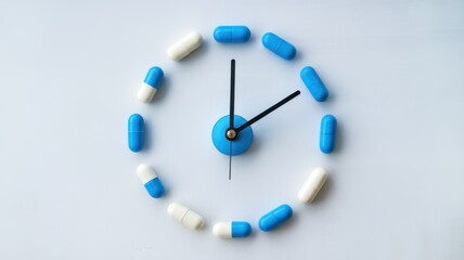 A creative clock made of blue and white capsules arranged around a round blue clock face, symbolizing the importance of time in medication management.