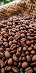 Fototapeta premium Freshly roasted coffee beans resting in burlap sack ready for brewing
