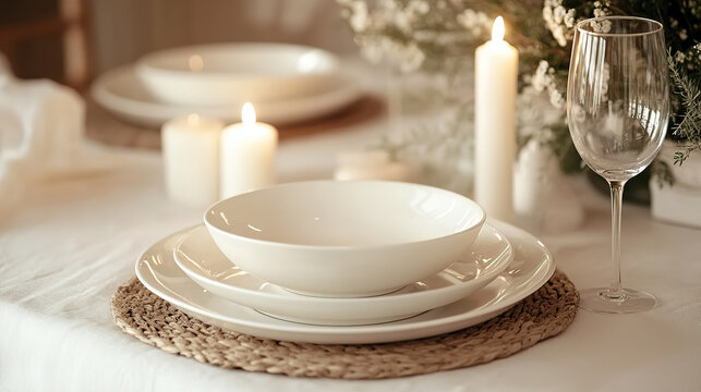 flat lay of an elegant dinner table with candles and wine glass