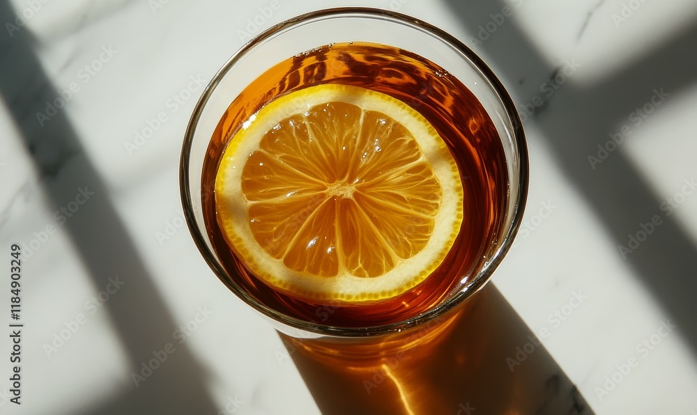 Poster glass of tea with a slice of lemon in it. the glass is half full and the lemon slice is floating in 