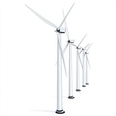 Four modern wind turbines stand in a row, showcasing renewable energy technology against a minimalistic backdrop.