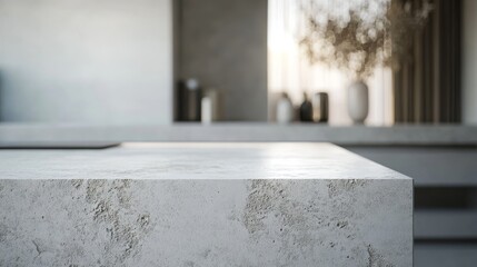Elegant tabletop with light gray textured concrete surface and minimalist decor