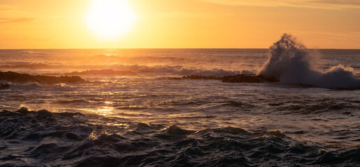 Panoramic photo of a seascape at sunset