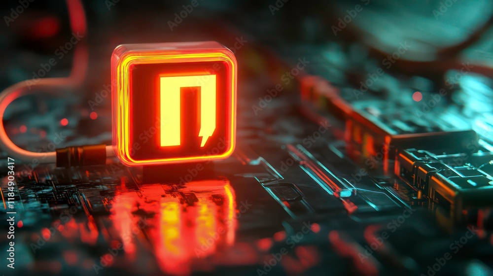 Poster glowing neon symbol on a circuit board.