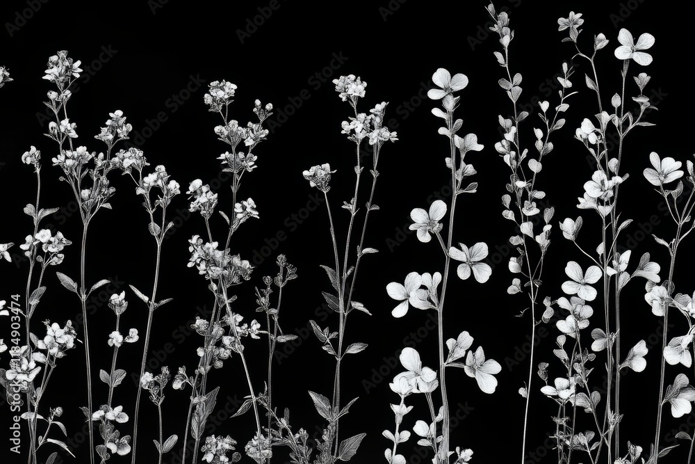 Poster black and white image of wildflowers creating a delicate pattern against a dark backdrop