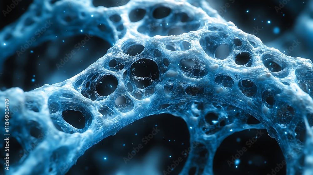 Poster abstract blue network structure with luminescent particles