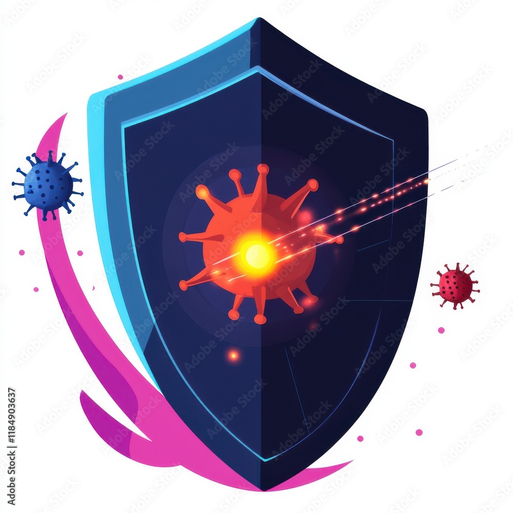 Poster stylized shield graphic representing protection against viruses with vibrant colors and dynamic elem