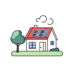 A quaint cartoon-style house with a red roof and solar panels under a clear sky.