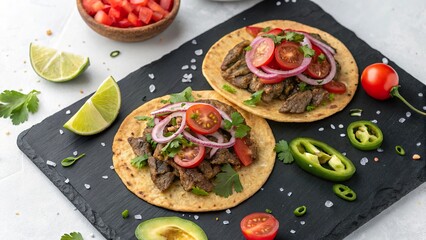 Delicious beef tostadas topped with fresh vegetables on a dark stone plate display vibrant colors and textures