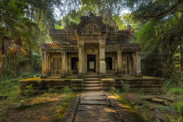 Stone pathway leading to ornate entrance of ancient khmer temple, overgrown with jungle vegetation in angkor, cambodia