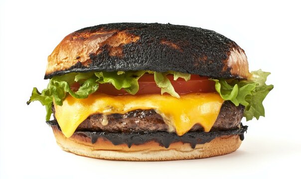 Large hamburger with lettuce, tomato, and cheese on a bun. The bun is slightly burnt, giving the burger a rustic, homemade feel