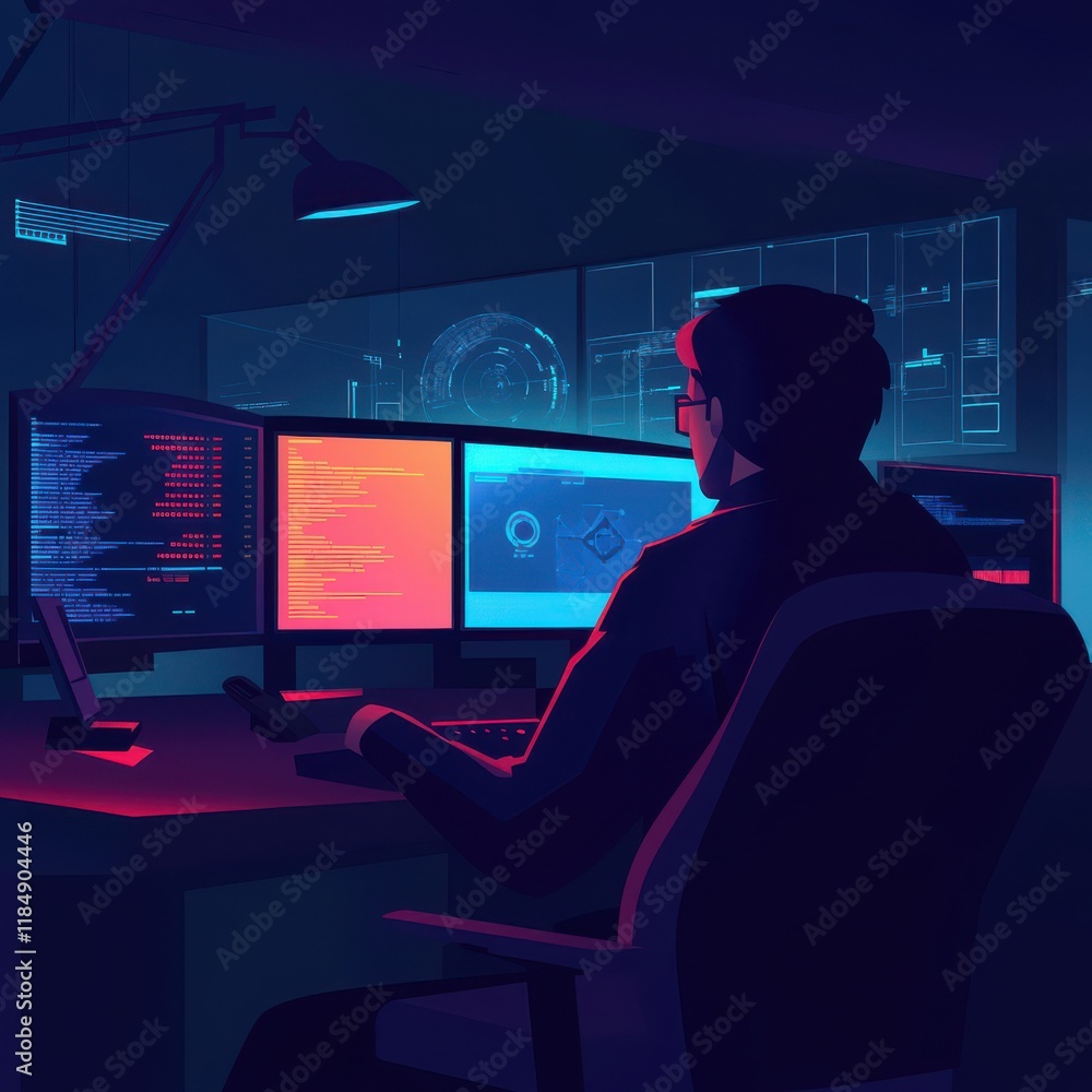 Poster a focused male coder working at multiple screens in a dimly lit room, bathed in neon-colored light.